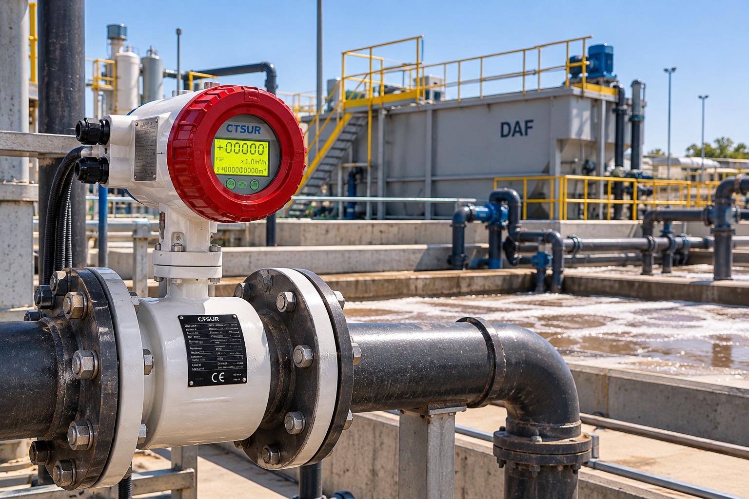 Medidor electromagnético CTSUR en planta de tratamiento de aguas residuales con sistema DAF