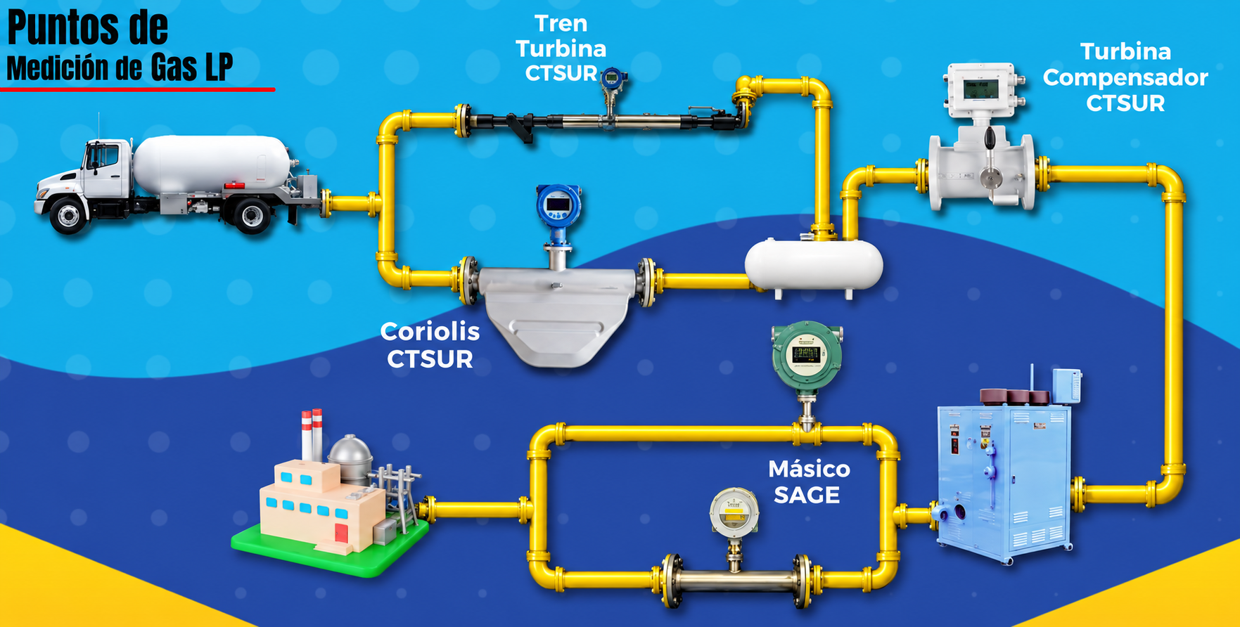 Ilustración de puntos de medición de gas LP con distintas tecnologías de medidores.